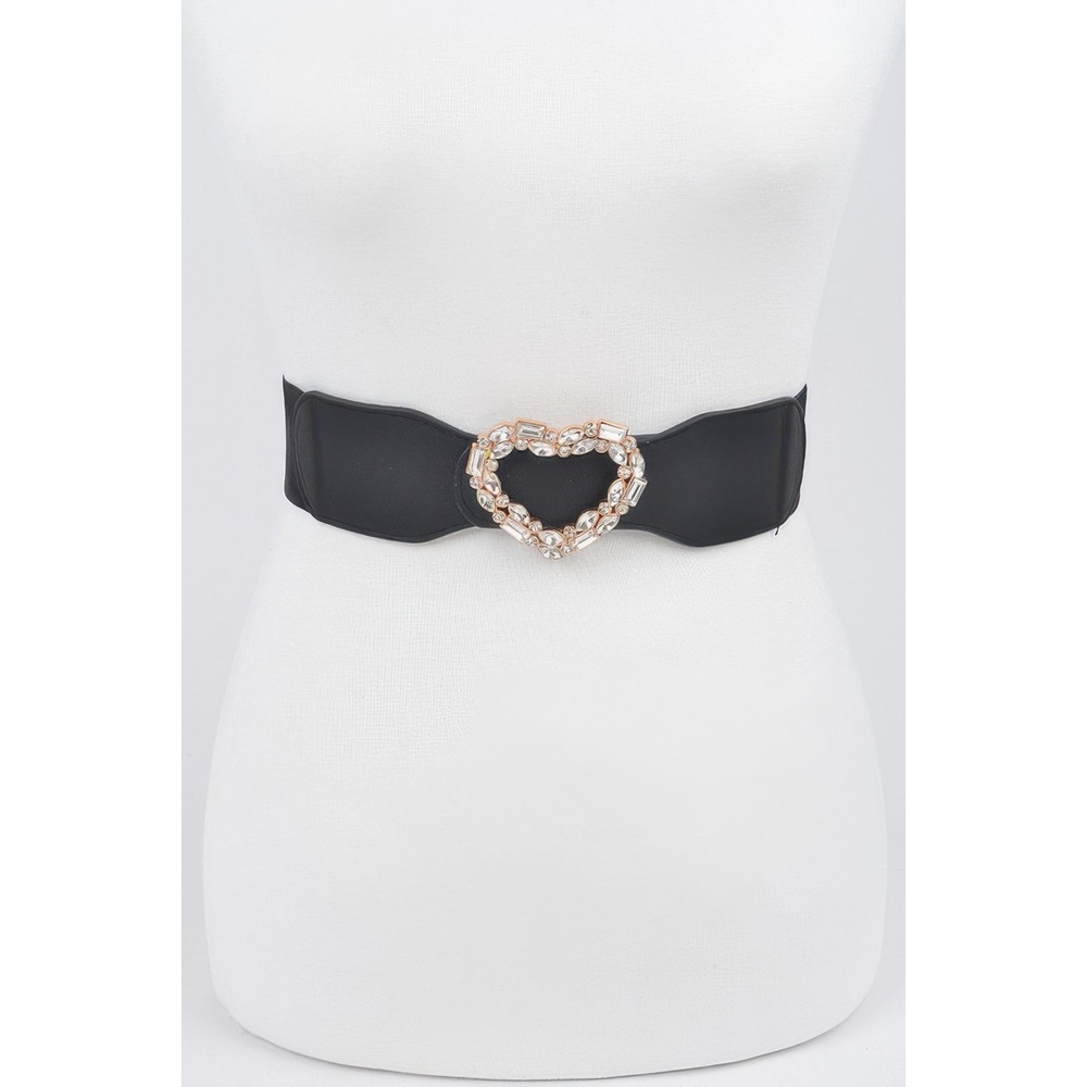 Heart Buckle Belt Womens Black NEW Rhinestone Crystal Elastic